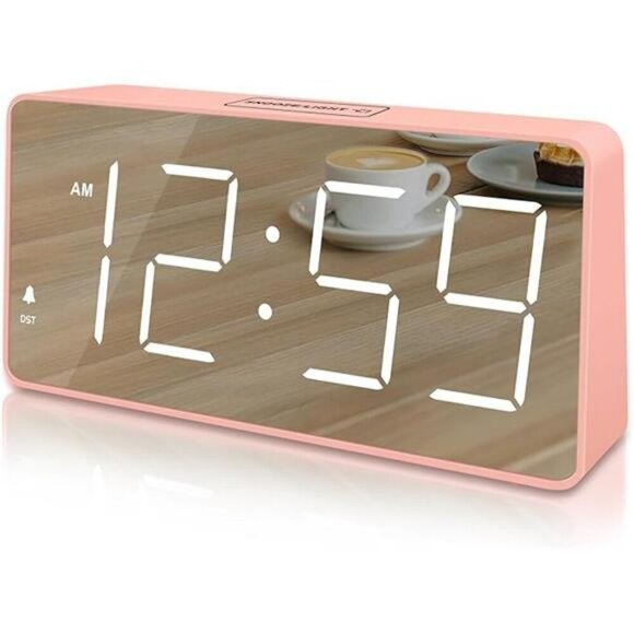 Peakeep Pink Digital Alarm Clock Loud Mirror Display Battery Backup Seniors - Picture 7 of 7